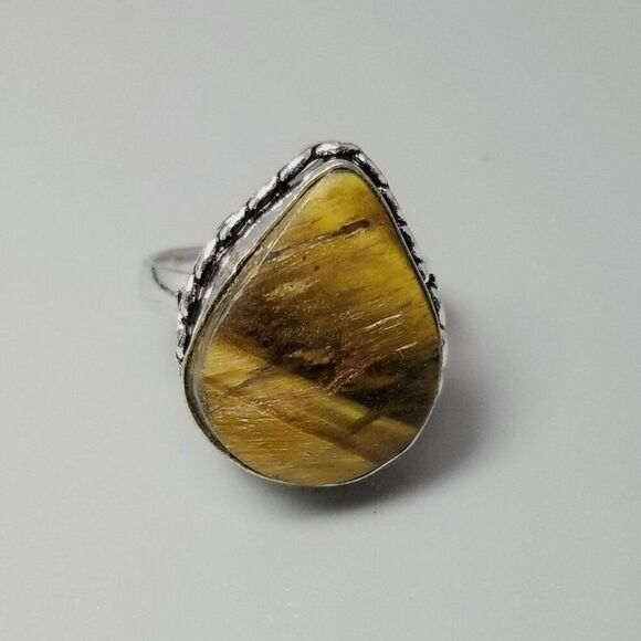 Vintage Tigers Eye Brown Stone Ring Bezel Set Silver Tone Band, Size 6.5, Estate - Picture 1 of 8